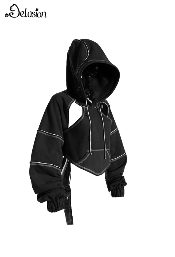 1/3 Delusion Gothic Black Hooded Sweatshirt Cutout Backless Lace-up Short Jacket
